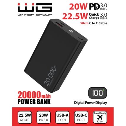 Winner Group - Powerbanka s displejom 20000 mAh 20W Power Delivery čierna