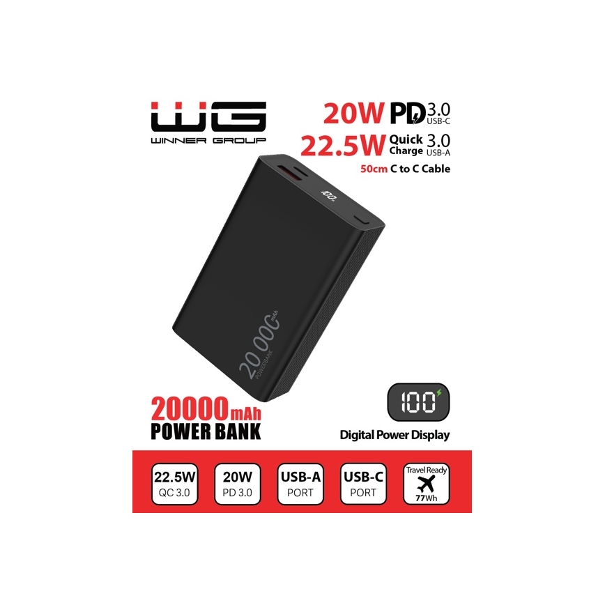 Winner Group - Powerbanka s displejom 20000 mAh 20W Power Delivery čierna