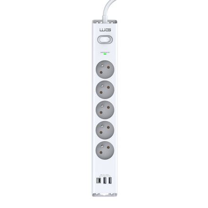 Predlžovací kábel s piatimi zásuvkami a dvoma USB portami je zobrazený na bielom pozadí. Kábel je biely a vertikálne orientovaný. Na hornej strane sa nachádza vypínač. MAX 3680 W / 16A.