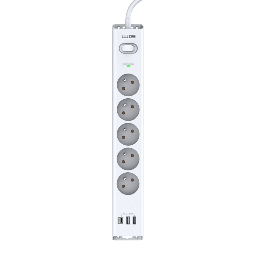 Predlžovací kábel s piatimi zásuvkami a dvoma USB portami je zobrazený na bielom pozadí. Kábel je biely a vertikálne orientovaný. Na hornej strane sa nachádza vypínač. MAX 3680 W / 16A.