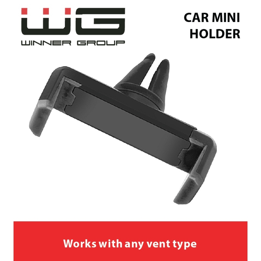 Mini držiak na telefón do auta sa upína do ventilačnej mriežky. Je čiernej farby. Text: CAR MINI HOLDER, Works with any vent type.
