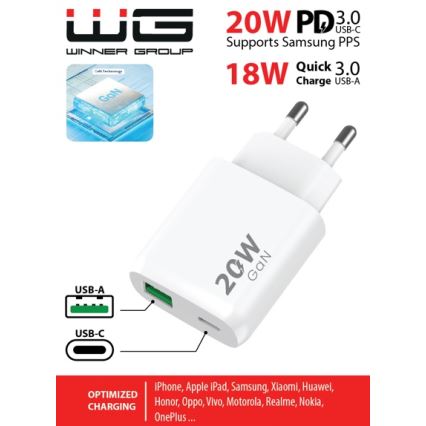 Winner Group - Rychlonabíjací adaptér 1xUSB-C + 1xUSB-A Power Delivery 20W biela