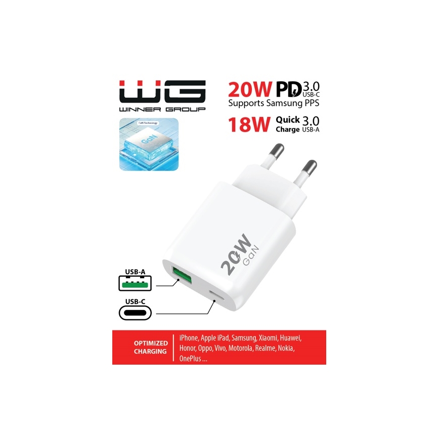 Winner Group - Rychlonabíjací adaptér 1xUSB-C + 1xUSB-A Power Delivery 20W biela
