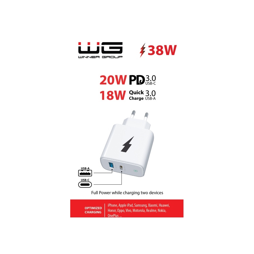 Winner Group - Rychlonabíjací adaptér 1xUSB-C + 1xUSB-A Power Delivery 38W biela