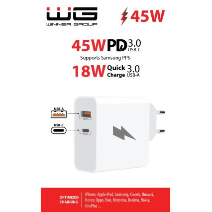 Winner Group - Rychlonabíjací adaptér 1xUSB-C + 1xUSB-A Power Delivery 45W biela