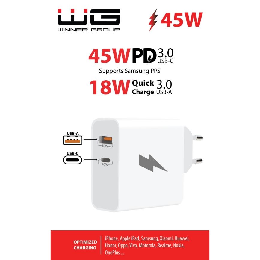 Winner Group - Rychlonabíjací adaptér 1xUSB-C + 1xUSB-A Power Delivery 45W biela