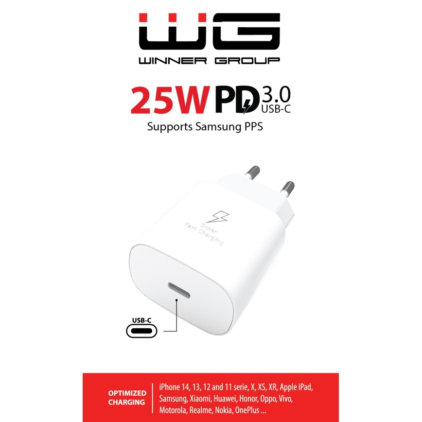 Biela nabíjačka USB-C s výkonom 25W PD 3.0, podporujúca Samsung PPS, je zobrazená na bielom pozadí. Nabíjačka je určená pre iPhone 14, 13, 12 a 11 série, X, XS, XR, Apple iPad, Samsung, Xiaomi, Huawei, Honor, Oppo, Vivo, Motorola, Realme, Nokia a OnePlus.
