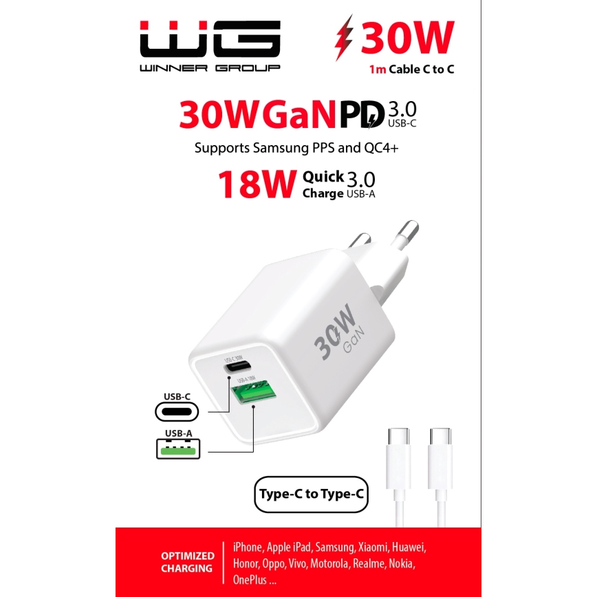 Winner Group - Rychlonabíjací adaptér 2xUSB PD 30W + USB kábel USB-C / USB-C 1m