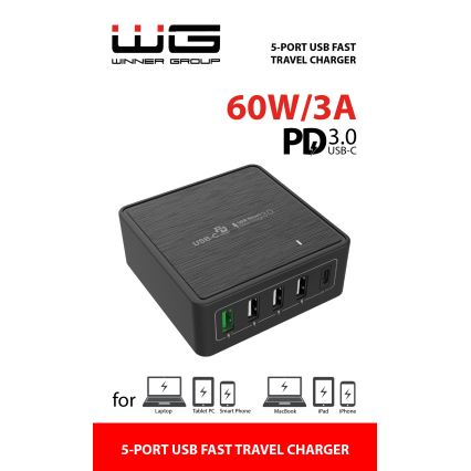 Winner Group - Rychlonabíjací adaptér 5xUSB-C Power Delivery 60W čierna