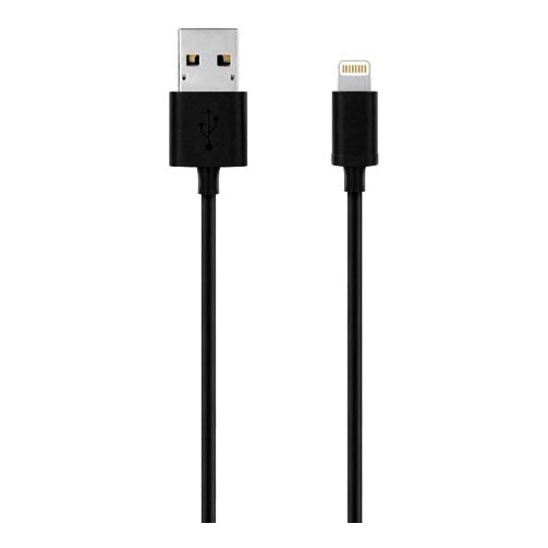 Dva čierne USB káble ležia na bielom pozadí. Jeden koniec každého kábla má USB konektor typu A, druhý koniec má Lightning konektor pre Apple zariadenia.