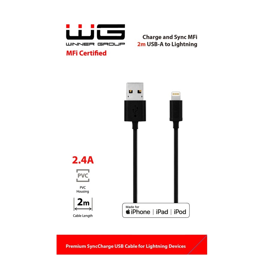 Dvojmetrový čierny USB kábel nabíja a synchronizuje zariadenia s Lightning konektorom. Kábel má USB-A konektor na druhej strane. Je certifikovaný MFi a podporuje 2.4A prúd.
