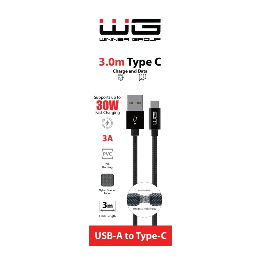 Winner Group - USB kábel USB-C / USB-A 30W 3m čierna
