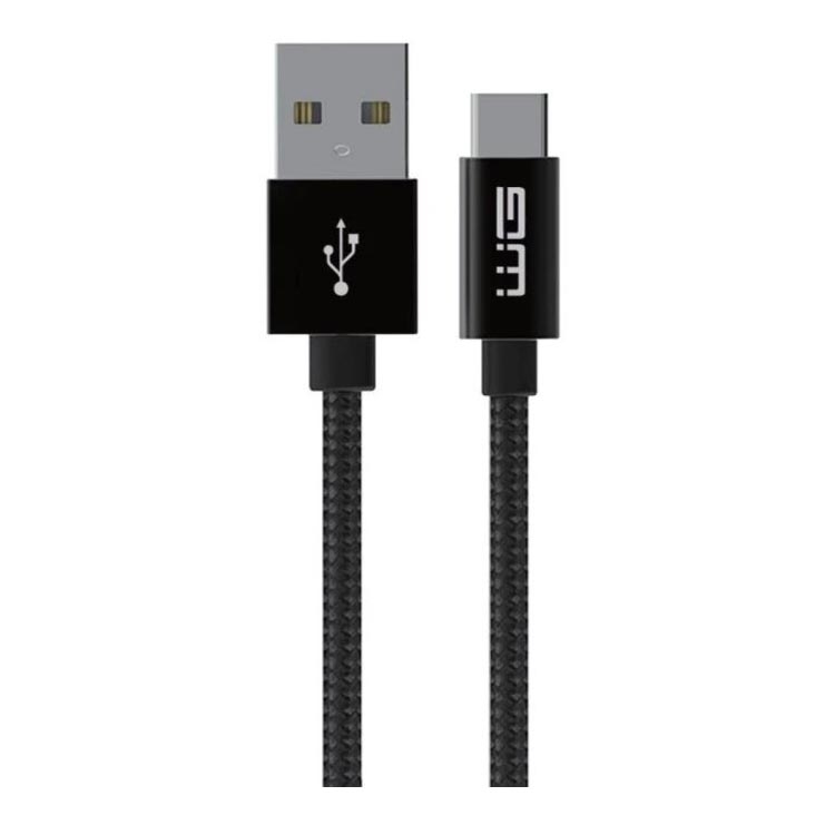 USB kábel s typom A a typom C konektorom je zobrazený na bielom pozadí. Kábel je čiernej farby s opleteným povrchom. Na jednom konektore je vyobrazená značka USB a na druhom je logo výrobcu.