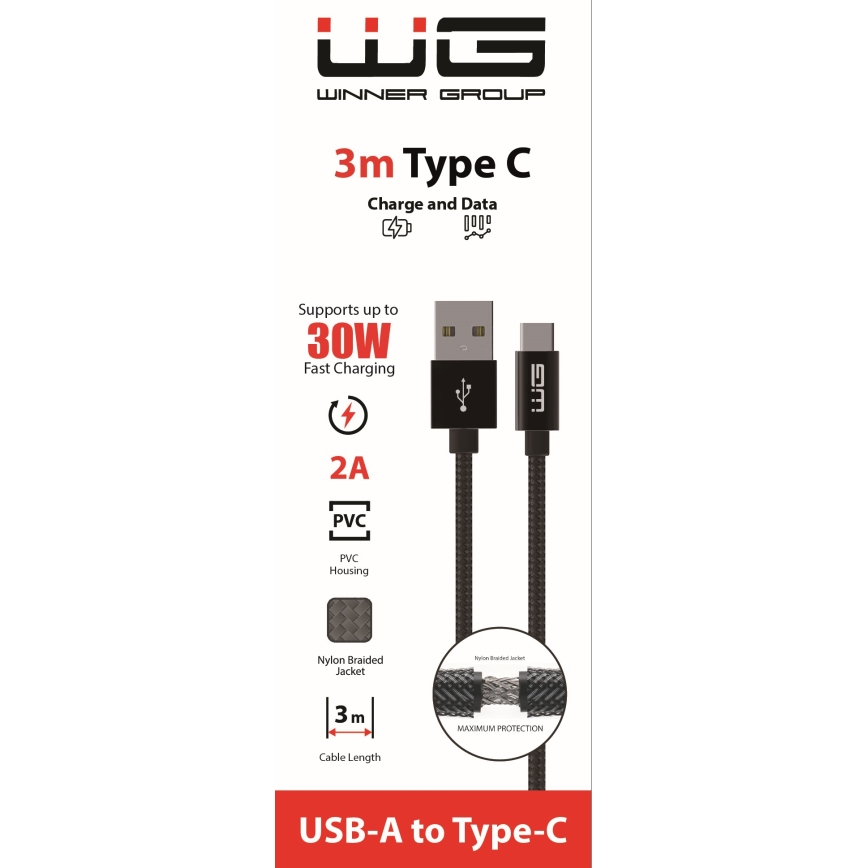 Tmavosivý USB-A to Type-C kábel, dlhý 3 metre, pre nabíjanie a prenos dát, podporuje rýchle nabíjanie do 30W (3A). Kábel má nylonové opletenie a PVC kryt.