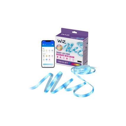 Inteligentný LED pásik Wiz, ovládaný smartfónom, je zobrazený v balení. Pásik je svetlomodrý a balenie uvádza: „SMART LED STRIP DECORATE WITH COLOR 10M/32.8FT“.
