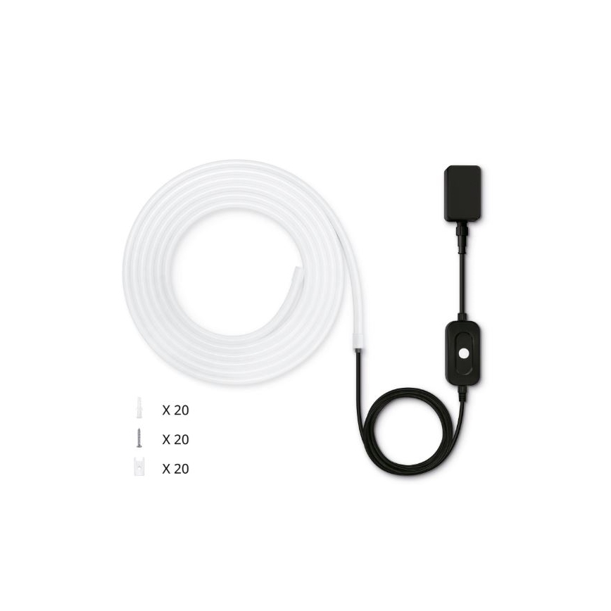 LED páska je zrolovaná. Je pripojená k čiernemu ovládaču so spínačom. Súčasťou je 20 hmoždiniek, 20 skrutiek a 20 držiakov.