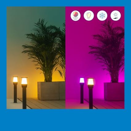Tri vonkajšie svietidlá svietia v teplom a studenom svetle na terase pri kvetináčoch s palmami. Svietidlá menia farbu. Text: 16 milión colors.