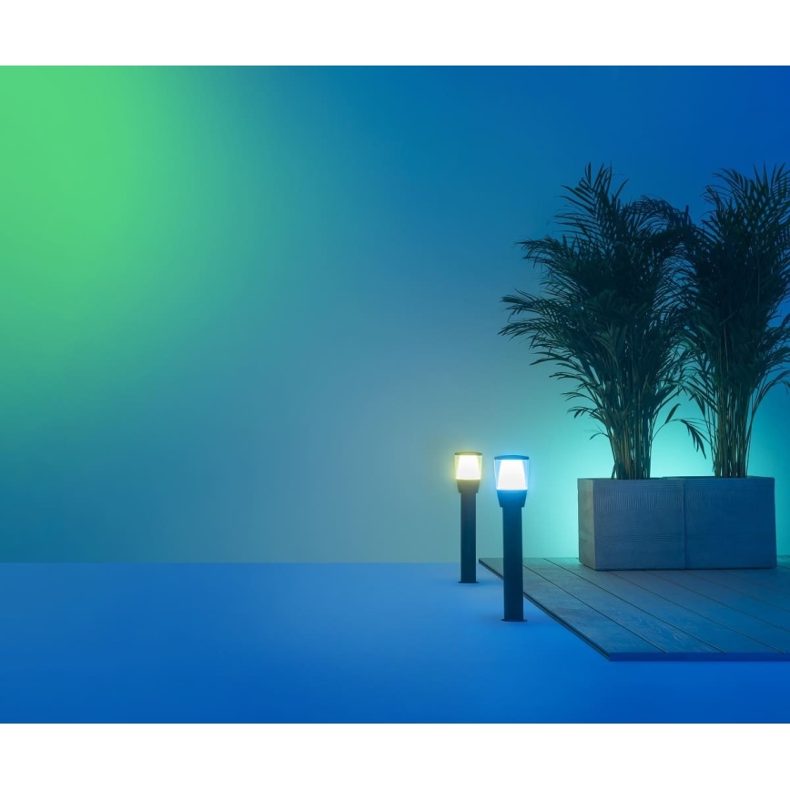 Dve vonkajšie lampy svietia na drevenom chodníku. Jedna lampa vyžaruje žlté, druhá biele svetlo. Vedľa nich sa nachádzajú palmy v kvetináči na pozadí modrozeleného pozadia.