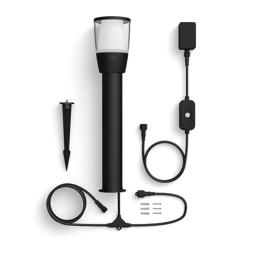 Vonkajšie svietidlo s nástavcom na zapichnutie do zeme je zobrazené s príslušenstvom: napájacím zdrojom, káblami, spínačom a skrutkami. Súčasťou je aj základňa svietidla s difúzorom. Na svietidle je malé logo WIZ.