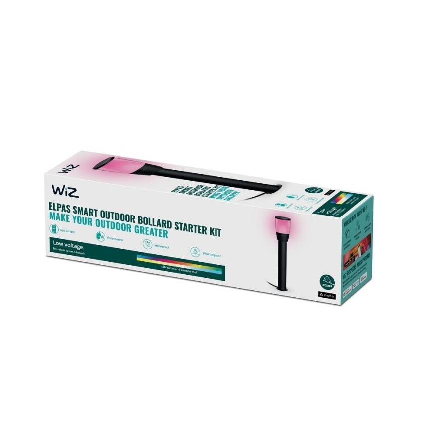 Štartér súpravy vonkajšieho smart stĺpikového osvetlenia Elpas. Svietidlo svieti ružovou farbou. Balenie obsahuje informácie o nízkom napätí, ovládaní aplikáciou, vodeodolnosti a 16 miliónoch farieb.