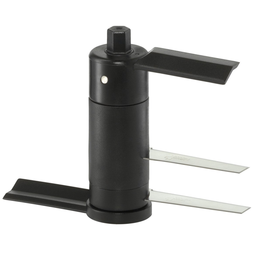 Nástroj s valcovitým čiernym telom a dvoma plochými kovovými čepeľami, používaný na upínanie, má otočnú hlavu a základňu. Na čepeľach je viditeľný nápis „57 mm“.