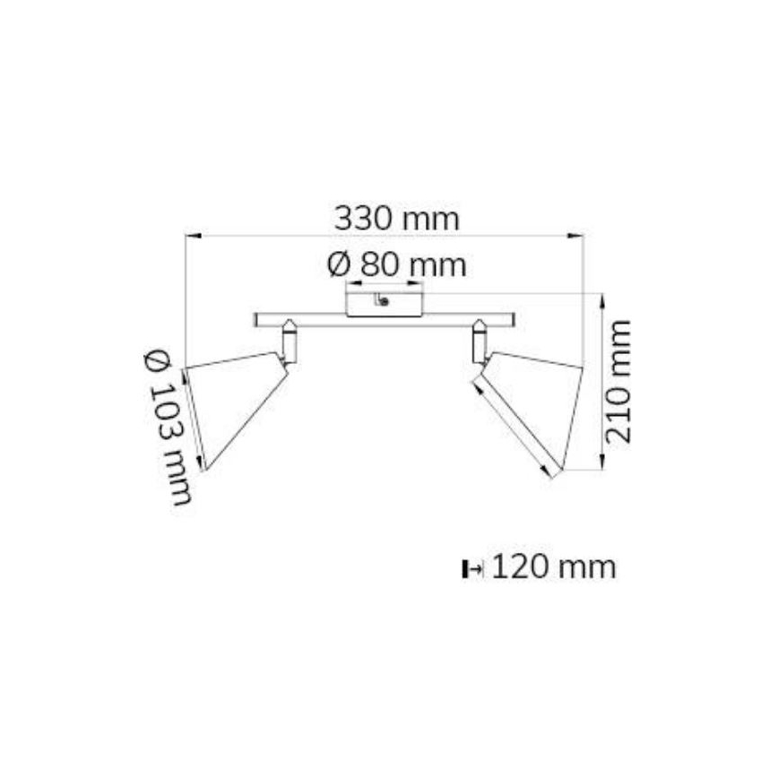 Dvojité nástenné svietidlo s dvoma kužeľovitými tienidlami je pripevnené k stene. Rozmery: celková šírka 330 mm, výška 210 mm, hĺbka tienidla 103 mm, stredová časť 80 mm, vzdialenosť medzi tienidlami 120 mm.