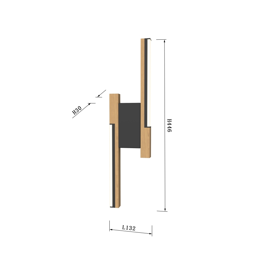 Nástenná lampa s drevenými a tmavými prvkami, svieti. Rozmery: výška 446 mm, šírka 132 mm, hĺbka 30 mm.
