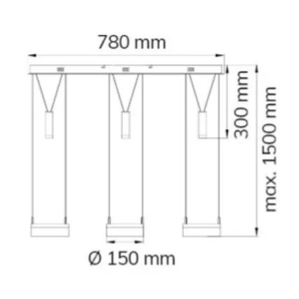 Trojité závesné svietidlo s valcovými tienidlami visí zo spoločnej lišty. Rozmery: šírka 780 mm, výška 300 mm, maximálna dĺžka kábla 1500 mm, priemer tienidla 150 mm.