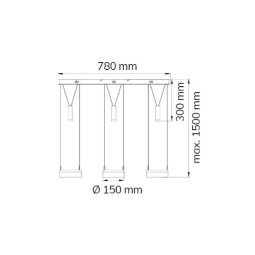 Trojité závesné svietidlo s valcovými tienidlami visí zo spoločnej lišty. Rozmery: šírka 780 mm, výška 300 mm, maximálna dĺžka kábla 1500 mm, priemer tienidla 150 mm.