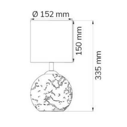 Stolná lampa s guľovitou základňou a štvorcovým tienidlom. Rozmery: priemer tienidla 152 mm, výška tienidla 150 mm, celková výška 335 mm.