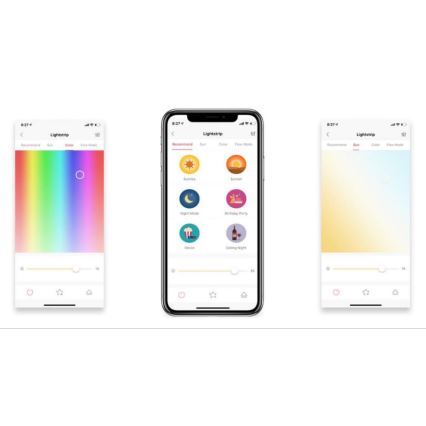 Tri mobilné telefóny zobrazujú rozhranie aplikácie pre ovládanie svetelného pásika. Aplikácia ponúka výber farieb, nastavenie jasu a prednastavené režimy (Sunrise, Sunset, Night Mode, Movie, Birthday Party, Dating Night).