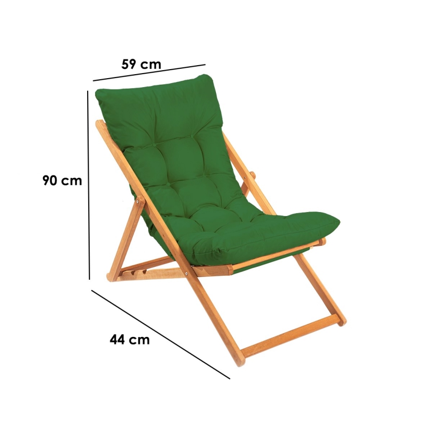 Skladacia ležadlová stolička s tmavozeleným čalúnením je zobrazená na bielom pozadí. Rozmery sú: výška 90 cm, šírka 59 cm a hĺbka 44 cm.