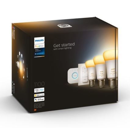 Balenie Philips Hue obsahuje tri inteligentné žiarovky, ovládač a rozbočovač. Súčasťou balenia je návod na spustenie inteligentného osvetlenia. Kompatibilné s Alexa, Apple HomeKit a Google Assistant.