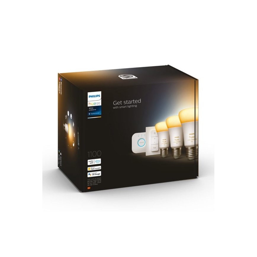 Balenie Philips Hue obsahuje tri inteligentné žiarovky, ovládač a rozbočovač. Súčasťou balenia je návod na spustenie inteligentného osvetlenia. Kompatibilné s Alexa, Apple HomeKit a Google Assistant.