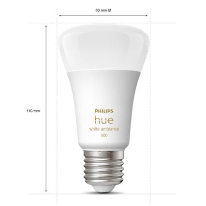 Žiarovka Philips Hue white ambiance 1100 s rozmermi 60 mm v priemere a 110 mm na výšku, je zobrazená na bielom pozadí.