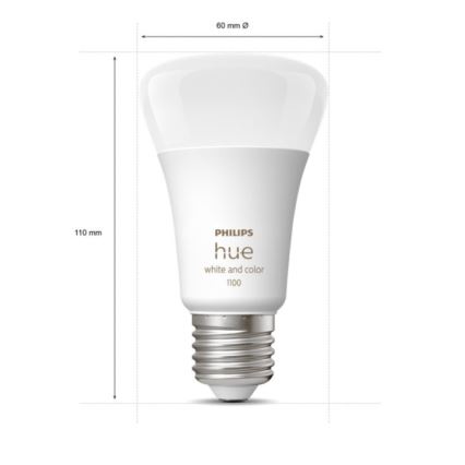 Žiarovka Philips Hue White and Color 1100 s rozmermi 110 mm x 60 mm je zobrazená na bielom pozadí. Na nej je vyznačená značka a typ.