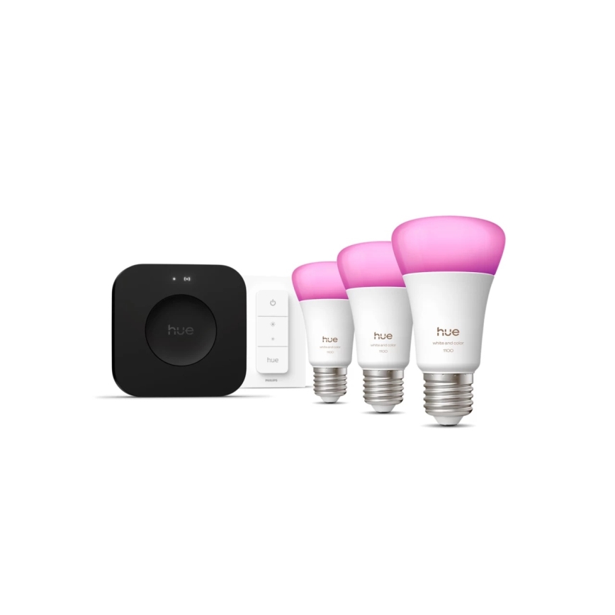 Základná sada Philips Hue WHITE AND COLOR AMBIANCE 3xE27/8,1W 1000-20000K + Hue Bridge a stmievací ovládač