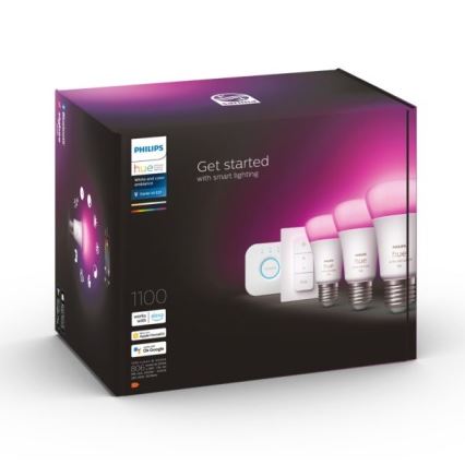 Balenie Philips Hue obsahuje tri inteligentné žiarovky, ovládač a mostík. Súčasťou balenia je návod „Get started with smart lighting“. Kompatibilné s Apple HomeKit, Amazon Alexa a Google Assistant. 1100 lúmenov. 806 nm.