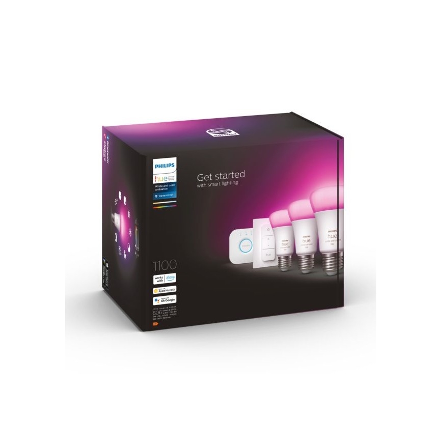 Balenie Philips Hue obsahuje tri inteligentné žiarovky, ovládač a mostík. Súčasťou balenia je návod „Get started with smart lighting“. Kompatibilné s Apple HomeKit, Amazon Alexa a Google Assistant. 1100 lúmenov. 806 nm.