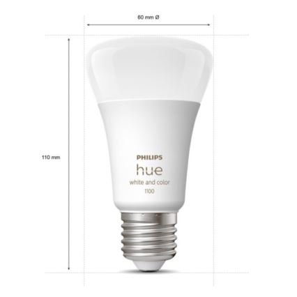 Žiarovka Philips Hue White and Color 1100 je zobrazená s rozmermi 60 mm a 110 mm. Je biela s označením výrobcu.