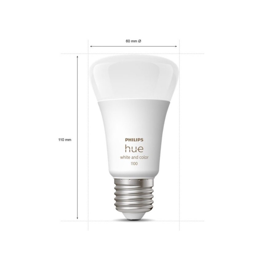 Žiarovka Philips Hue White and Color 1100 je zobrazená s rozmermi 60 mm a 110 mm. Je biela s označením výrobcu.