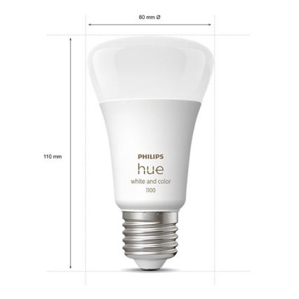 Žiarovka Philips Hue white and color 1100 je zobrazená na obrázku s rozmermi 110 mm výška a 60 mm priemer.