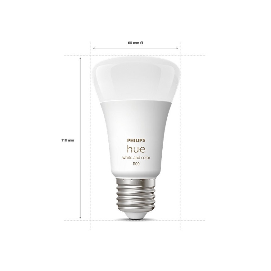 Žiarovka Philips Hue white and color 1100 je zobrazená na obrázku s rozmermi 110 mm výška a 60 mm priemer.