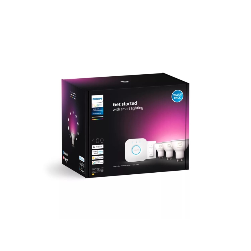 Balenie Philips Hue s inteligentným osvetlením obsahuje: 1 mostík, 1 diaľkový ovládač, 3 žiarovky. Na balení je text: „Get started with smart lighting“, „Value Pack“, „400“.