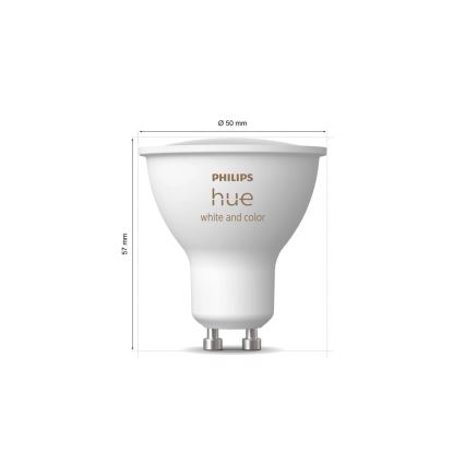 LED žiarovka Philips Hue white and color s priemerom 50 mm a výškou 57 mm je zobrazená na bielom pozadí. Na žiarovke je viditeľný nápis „PHILIPS hue white and color“.