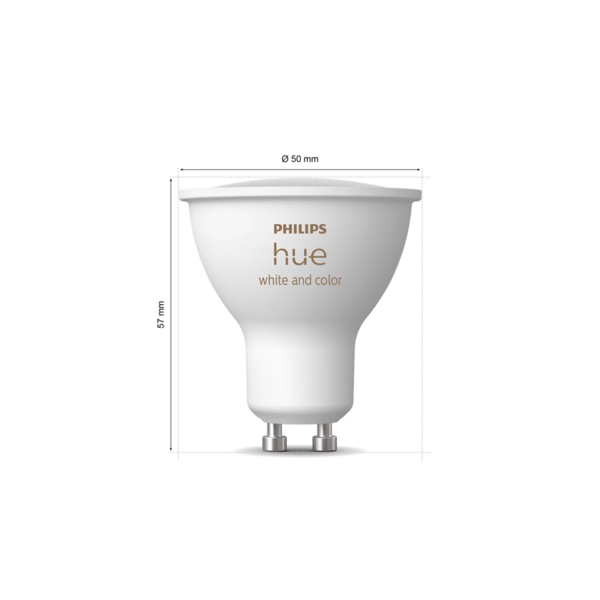 LED žiarovka Philips Hue white and color s priemerom 50 mm a výškou 57 mm je zobrazená na bielom pozadí. Na žiarovke je viditeľný nápis „PHILIPS hue white and color“.