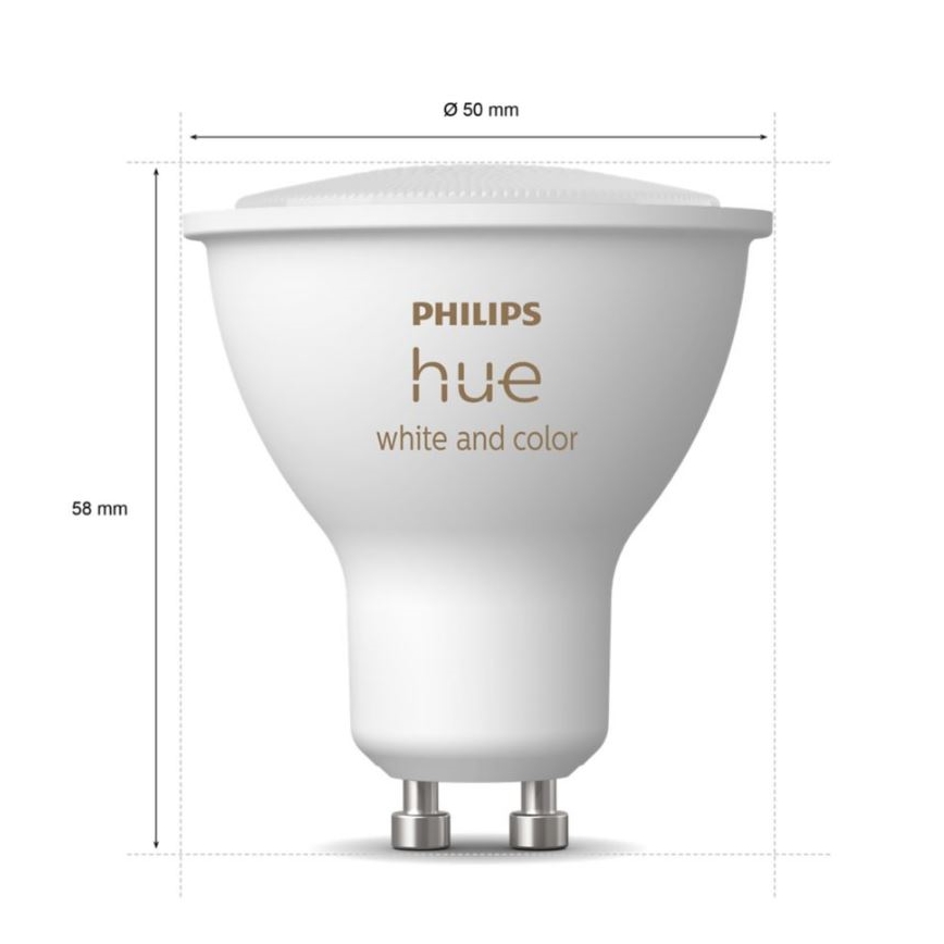 Žiarovka Philips Hue white and color je zobrazená s rozmermi 50 mm v priemere a 58 mm na výšku. Je biela s označením výrobcu.