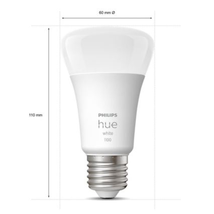 LED žiarovka Philips Hue White 1100 je zobrazená s rozmermi 110 mm x 60 mm. Na tele je uvedený názov výrobcu a modelu.
