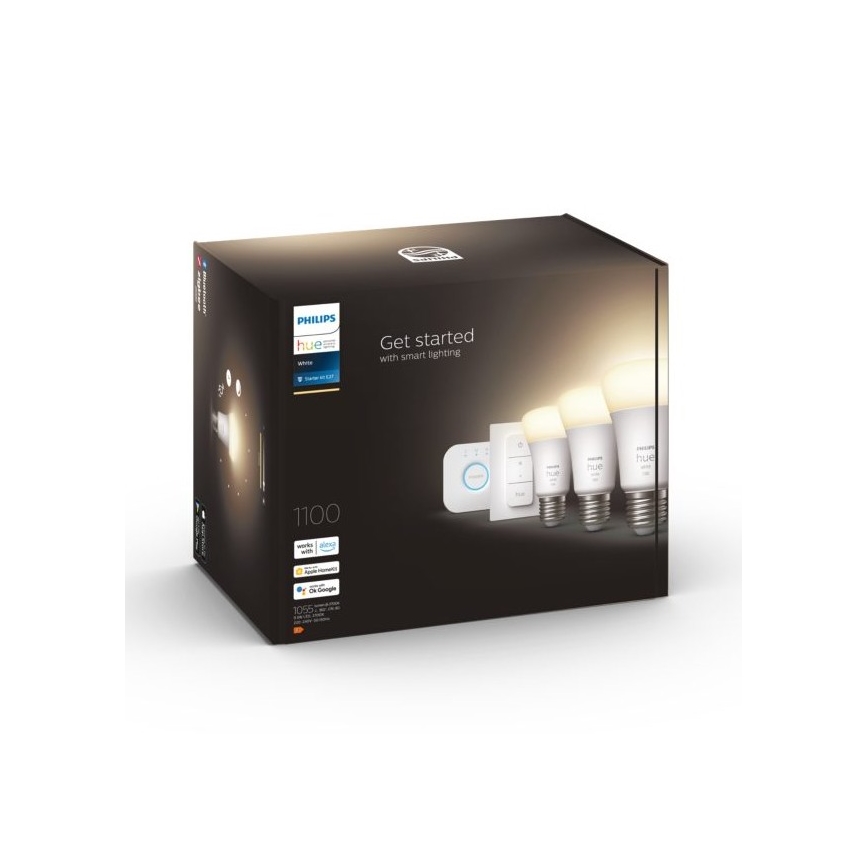 Balenie Philips Hue White Starter Kit obsahuje tri inteligentné žiarovky, ovládač a mostík. Balenie je tmavé, s obrázkami produktov a textom „Get started with smart lighting“. Na balení sú uvedené kompatibilné platformy: Amazon Alexa, Apple HomeKit a Google Assistant. Kód produktu je 1100 a 1055.