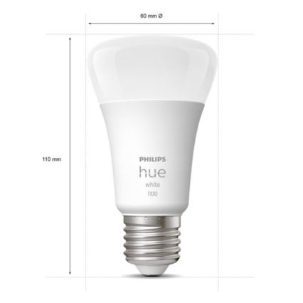 Žiarovka Philips Hue White 1100 s rozmermi 110 mm x 60 mm je zobrazená na bielom pozadí. Na žiarovke je vyznačený názov výrobcu a modelu.
